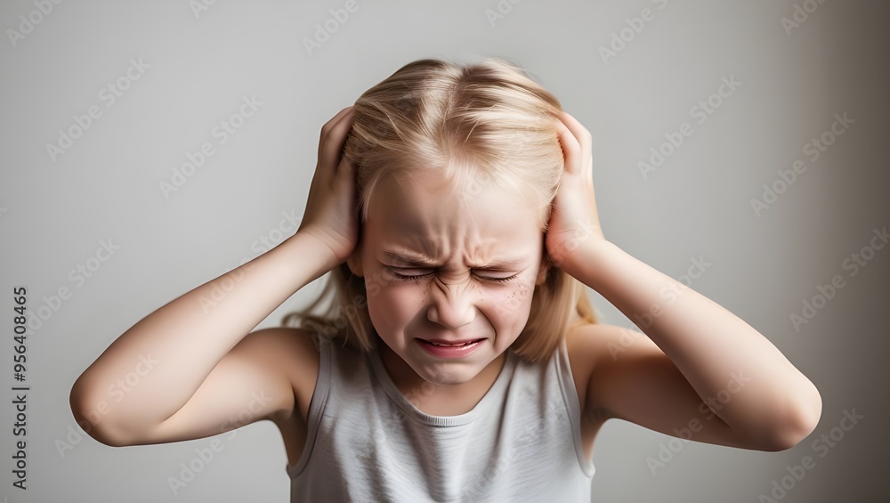 Distressed child with hands on head expressing frustration indoors. Distressed child with hands on head expressing frustration indoors.
