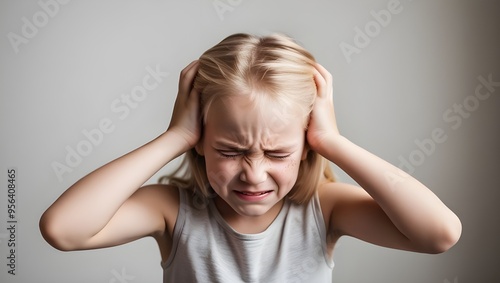 Distressed child with hands on head expressing frustration indoors.