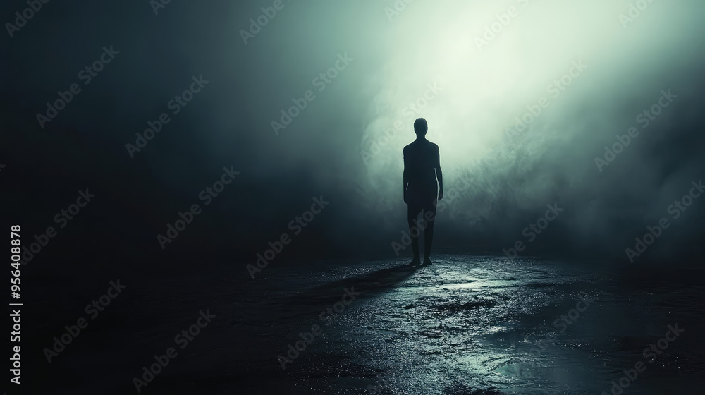 A shadowy figure standing in the fog on a dark night. A shadowy figure standing in the fog on a dark night.