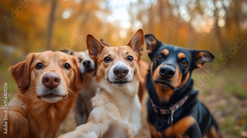 Kilka psów uśmiechających się do aparatu, robiących sobie selfie na tle delikatnie rozmytym. Ich wesołe wyrazy twarzy tworzą zabawny i przyciągający obrazek. © Sawyer0