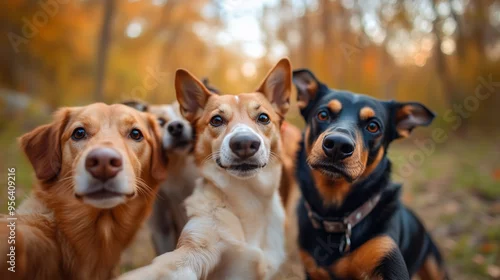 Tapety Kilka psów uśmiechających się do aparatu, robiących sobie selfie na tle delikatnie rozmytym. Ich wesołe wyrazy twarzy tworzą zabawny i przyciągający obrazek.