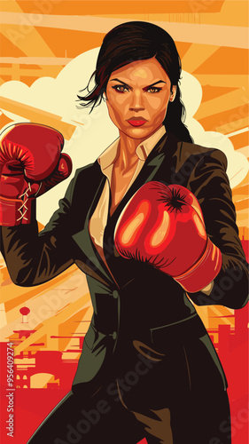 Strong Businesswoman in Boxing Gloves, Ready to Fight for Gender Equality and Overcome Challenges in Competitive Corporate World