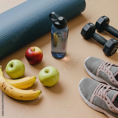 Fitness Motivation.A pair of dumbbells and a water bottler, a gym floor, with a rolled up yoga mat, banana, apples, and workout shoes nearby.  photo