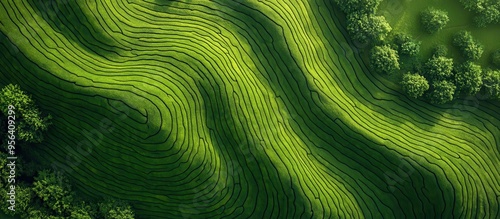 Aerial View of Lush Green Terraced Fields with Trees in a Serene Landscape