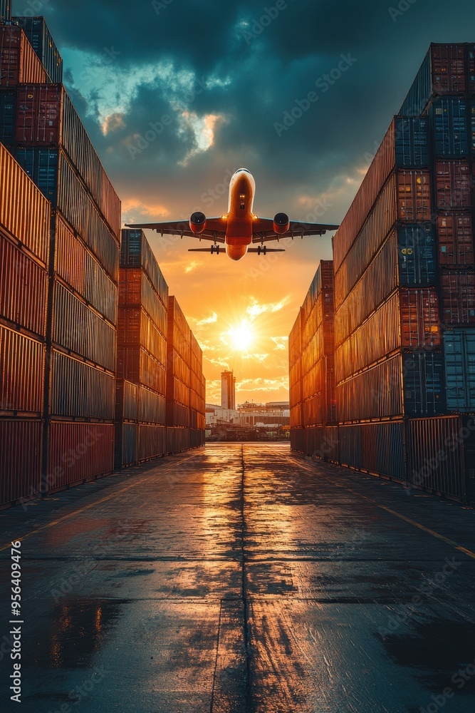 Fototapeta premium Cargo Plane Flying Over Shipping Containers at Sunset in Industrial Port