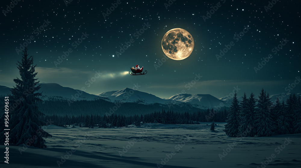 Naklejka premium Malowniczy krajobraz Bieguna Północnego z rozświetlonym pełnią księżyca niebem i saniami Mikołaja. Czarująca noc Bożego Narodzenia, wypełniona świąteczną magią.