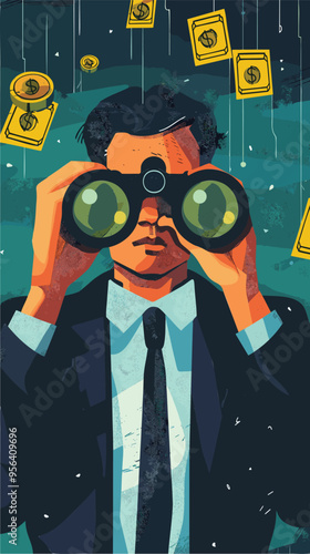 Wealthy Businessman Looking Through Binoculars for Investment Opportunities and Profits