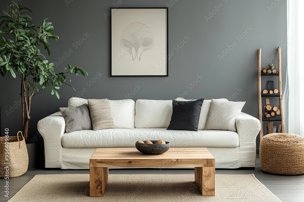 A wooden square coffee table beside a white sofa in a room with a grey wall and art poster. The living room features a minimalist, elegant modern interior design. A wooden square coffee table beside a white sofa in a room with a grey wall and art poster. The living room features a minimalist, elegant modern interior design.