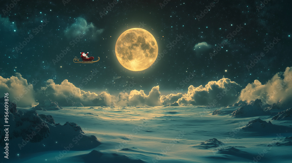 Naklejka premium Malowniczy krajobraz Bieguna Północnego z rozświetlonym pełnią księżyca niebem i saniami Mikołaja. Czarująca noc Bożego Narodzenia, wypełniona świąteczną magią.