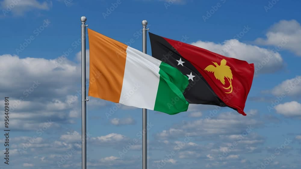 Papua New Guinea and Ivory Coast flags flying together, video concept of the relationship, two country relations concept Papua New Guinea and Ivory Coast flags flying together, video concept of the relationship, two country relations concept