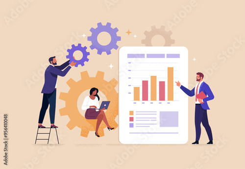 Business Teamwork Concept. Vector illustration in flat style of a group of people working on a common project with gears and an analytics dashboard. Isolated on background 