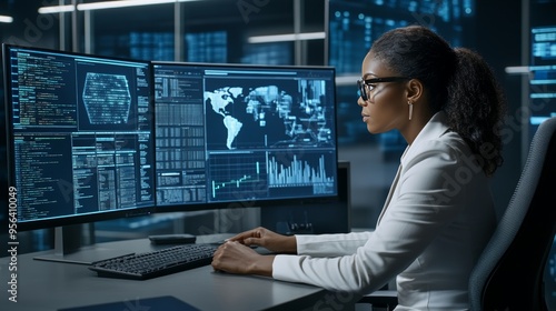 Focused Data Analyst Working with Code and Charts on Multiple Computer Screens in Dark Control Room