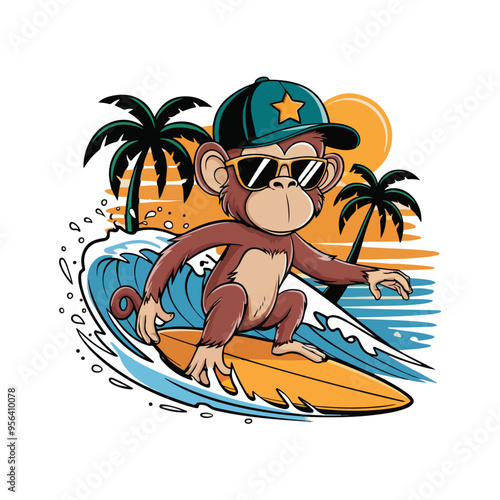 Photography Cute monkey surfing vector illustration