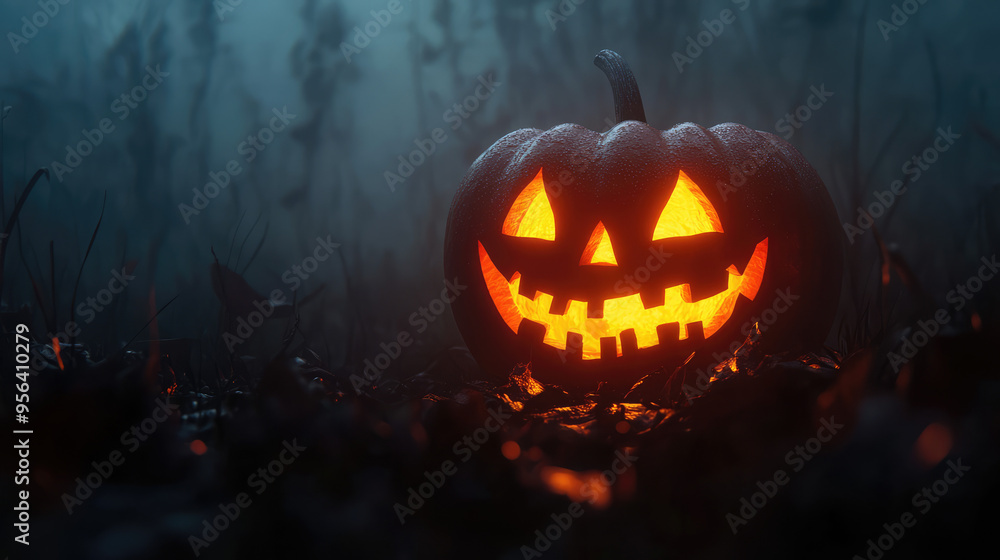 A jack-o'-lantern with an eerie face glowing in the foggy darkness. A jack-o'-lantern with an eerie face glowing in the foggy darkness.