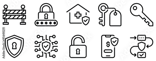 Protection and Security Icon Set Shielded Line Style Collection for Safety and Defense