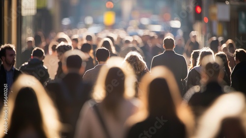 Blurred crowd of unrecognizable at the street. A busy street filled with many people walking, but only one person is in sharp focus.