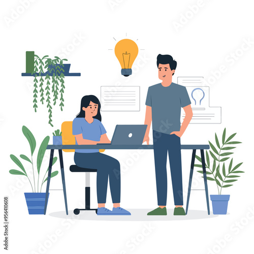 Brainstorming and generating ideas. Work in a creative team illustration