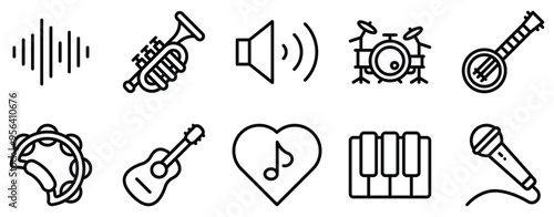 Music Band Icon Set Rhythmic Line Style Collection for Musical Performers
