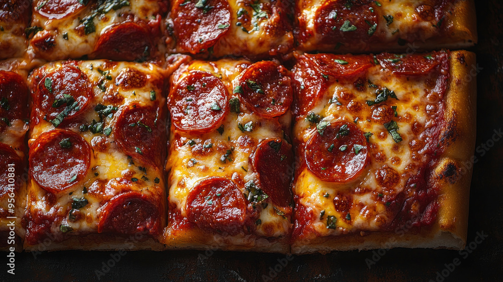 Pizza Slices: A close-up of gooey, cheesy pizza slices topped with a variety of toppings, presented with a vibrant, appetizing backdrop. Pizza Slices: A close-up of gooey, cheesy pizza slices topped with a variety of toppings, presented with a vibrant, appetizing backdrop.