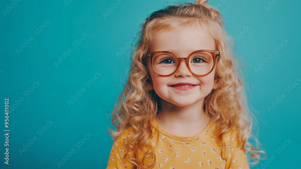 Obraz premium Uśmiechnięta mała dziewczynka z kręconymi blond włosami i dużymi okularami, na tle jednolitego koloru. 