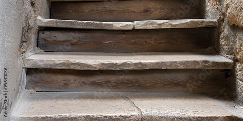 An image showcasing aged wooden steps in an old structure, accompanied by rustic stone walls, suggesting history and weathered charm, perfect for illustrating aging architecture.