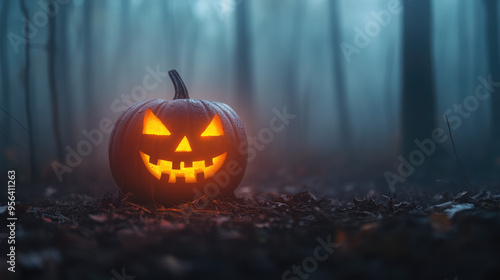 A jack-o'-lantern glowing brightly in a foggy, eerie forest.