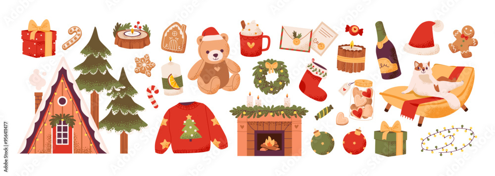 Сozy Christmas with wrapped gifts, and festive treats. Gingerbread cookies, a warm fireplace, and holiday decor. Set elements focused on tradition and seasonal cheer. Flat vector illustration. Сozy Christmas with wrapped gifts, and festive treats. Gingerbread cookies, a warm fireplace, and holiday decor. Set elements focused on tradition and seasonal cheer. Flat vector illustration.
