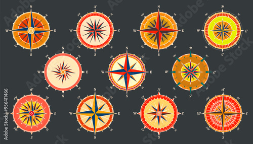 Vintage marine wind rose, nautical chart. Colorful navigational compass with cardinal directions of North, East, South, West. Geographical position, cartography and navigation. Vector illustration