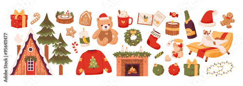 Сozy Christmas with  wrapped gifts, and festive treats. Gingerbread cookies, a warm fireplace, and holiday decor. Set elements focused on tradition and seasonal cheer. Flat vector illustration.