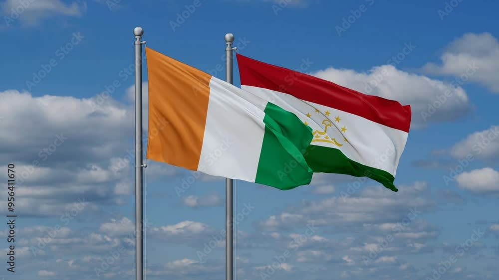 Tajikistan and Ivory Coast two flags waving together, video concept of the relationship, two country cooperation concept Tajikistan and Ivory Coast two flags waving together, video concept of the relationship, two country cooperation concept