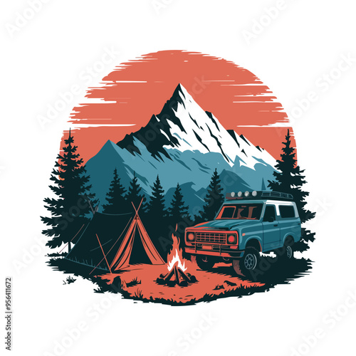 Illustration of offroad adventure scene Tshirt Design photo