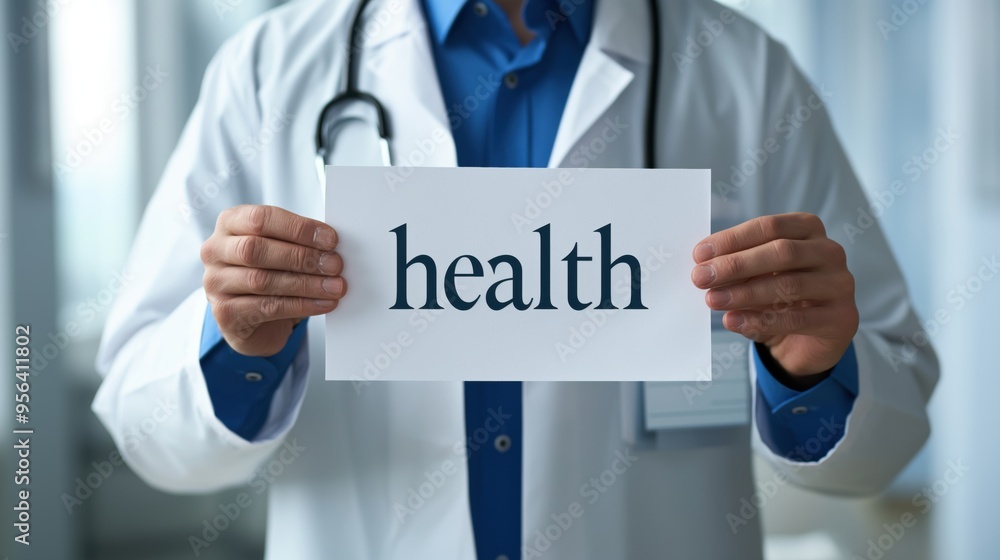 A doctor holding a white paper with the word health written on it.