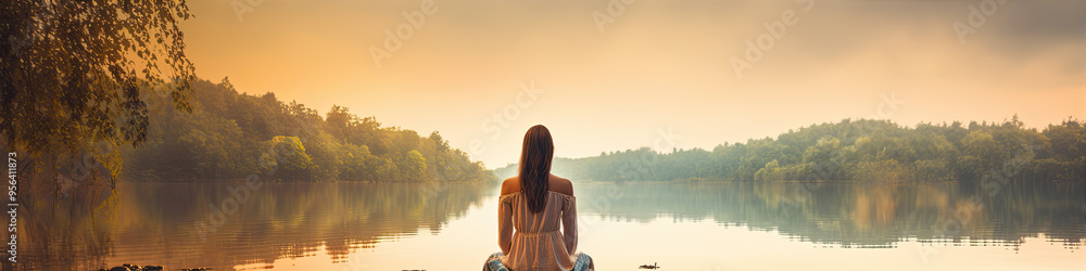 Obraz premium Young woman from rear side meditating by the lake in summer sunnset. Practicing mindfulness and meditation in a peaceful nature.