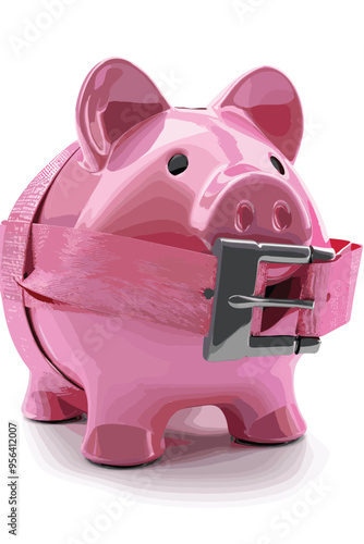 Pink piggy bank tightening belt, symbolizing cost-saving measures during financial crisis