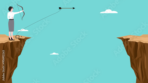 creative problem solving illustration with the concept of a businesswoman who uses an arrow to hook a rope to a cliff to get over it, problem solving skills, complicated solution