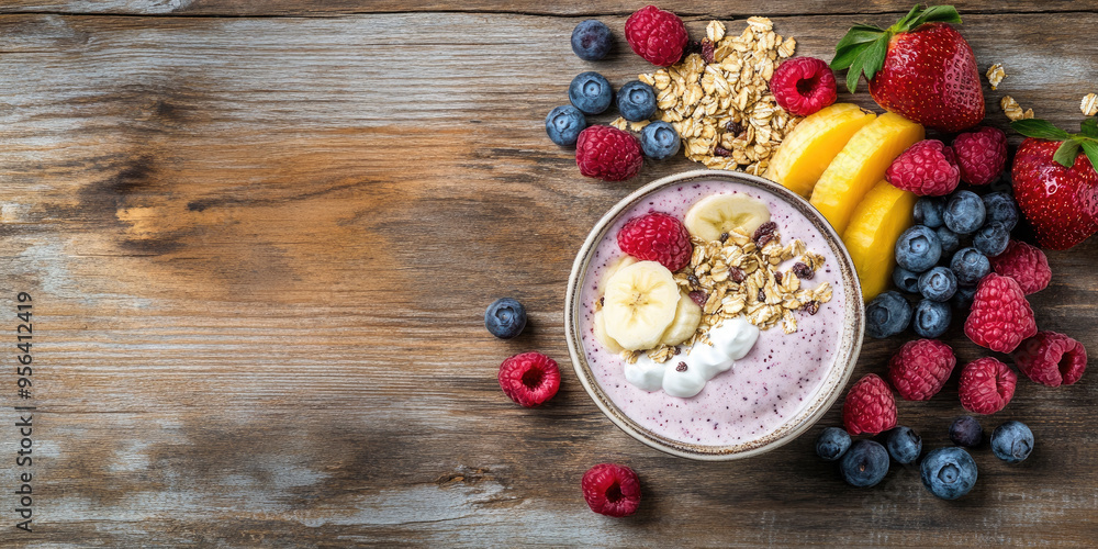 Delicious and healthy breakfast bowl full of granola, yogurt and fresh fruits is sitting on a rustic wooden table. The image has copy space on the left Delicious and healthy breakfast bowl full of granola, yogurt and fresh fruits is sitting on a rustic wooden table. The image has copy space on the left