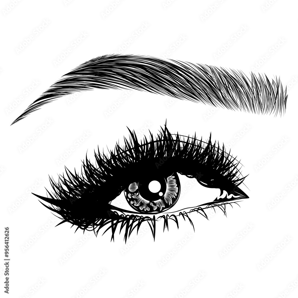 Illustration with woman's eye, eyelashes and eyebrow. Makeup Look. Tattoo design. Logo for brow bar or lash salon. Illustration with woman's eye, eyelashes and eyebrow. Makeup Look. Tattoo design. Logo for brow bar or lash salon.