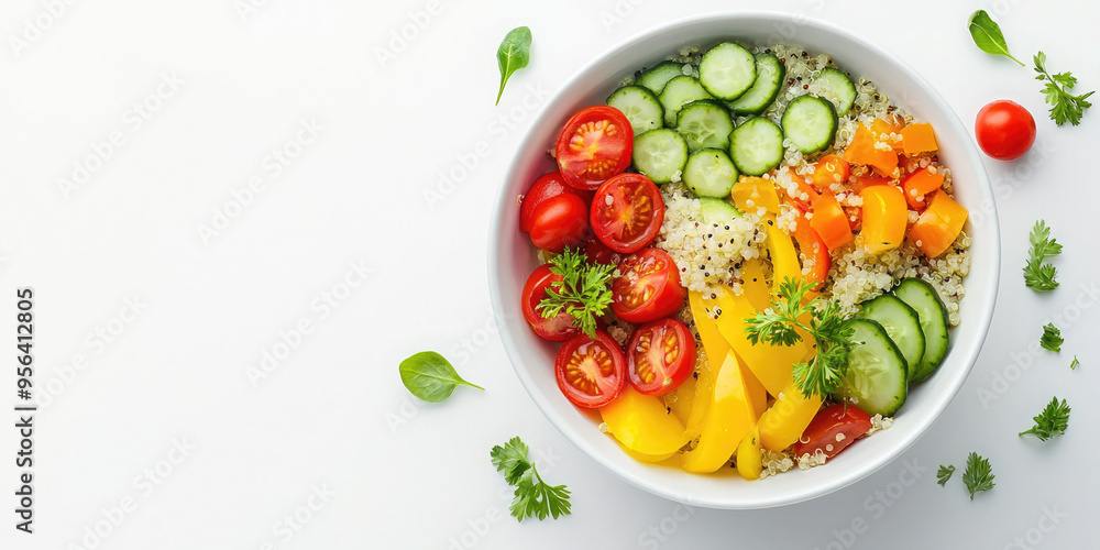 Quinoa salad with colorful cherry tomatoes and cucumbers is ready to be enjoyed as a healthy lunch. Fresh basil leaves are scattered around the white bowl Quinoa salad with colorful cherry tomatoes and cucumbers is ready to be enjoyed as a healthy lunch. Fresh basil leaves are scattered around the white bowl