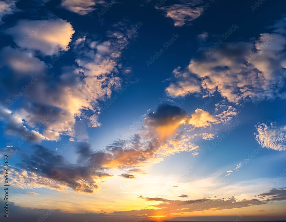 Sunset sky with a few clouds. The sky is very bright and the clouds are scattered throughout Sunset sky with a few clouds. The sky is very bright and the clouds are scattered throughout