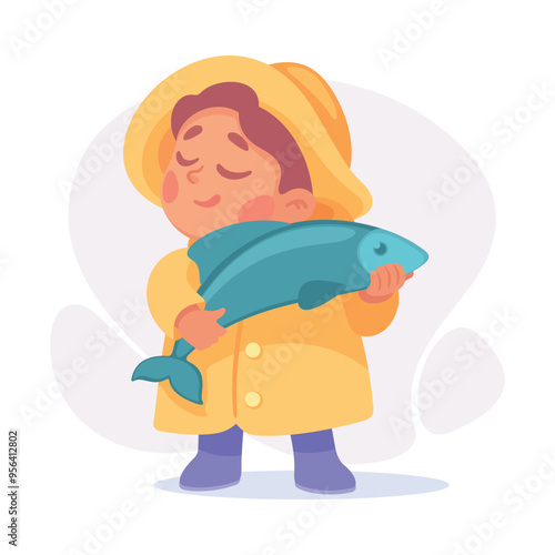 Boy Fisher in Rubber Boot and Coat as Child Profession Vector Illustration