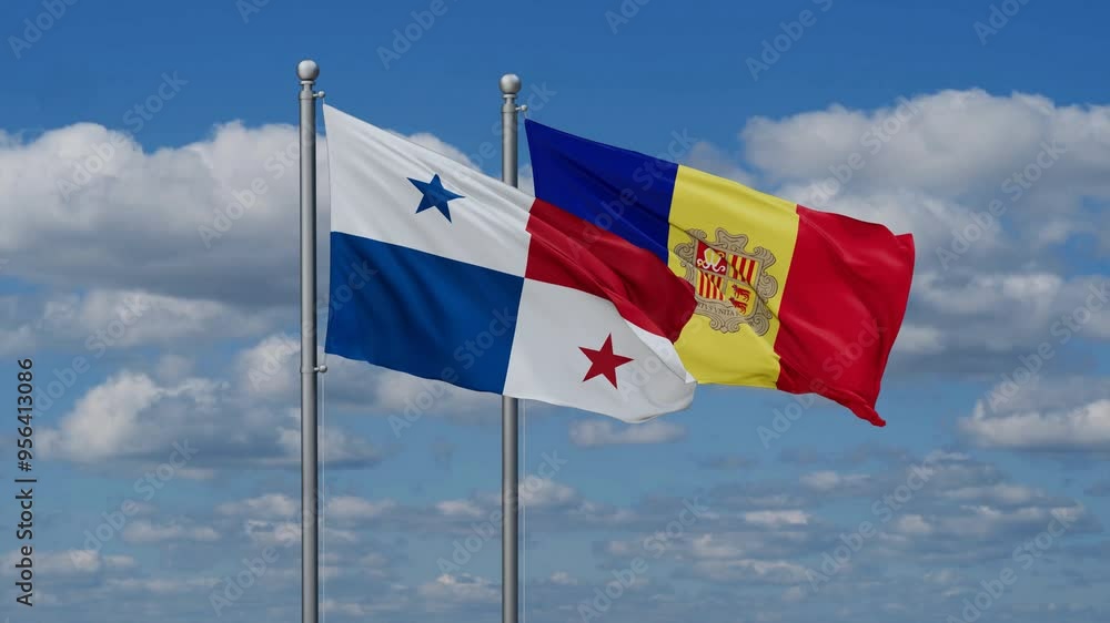 Panama and Andorra flags flying together, video concept of the relationship Panama and Andorra flags flying together, video concept of the relationship