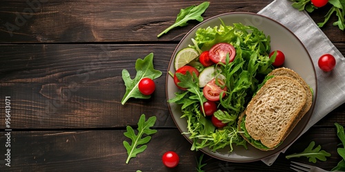 A plate with a fresh green salad consisting of arugula, tomatoes, cucumber, and lime, and a sandwich, placed on a wooden table with fresh arugula leaves and cherry tomatoes scattered around. photo