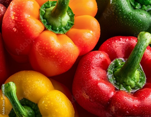 Overhead Shot of colorful Peppers with visible Water Drops. Close up. 