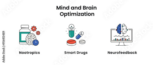 Cognitive Enhancement and Brain Health Illustration. Including Nootropics, Neurofeedback, Sleep Optimization, Smart Drugs, Red Light Therapy icons.