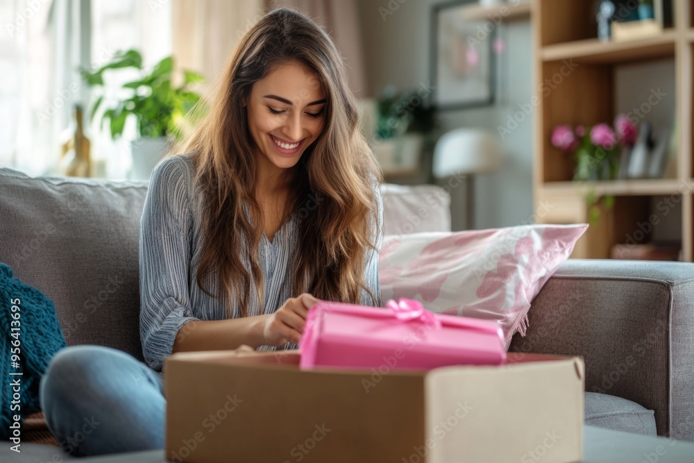 A joyful woman unwraps a pink gift at home. She smiles as she opens the box. This image captures happiness and surprise in a cozy living space. Generative AI A joyful woman unwraps a pink gift at home. She smiles as she opens the box. This image captures happiness and surprise in a cozy living space. Generative AI