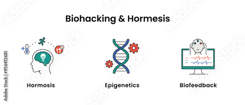 Biohacking and Longevity Illustration. Including Nootropics, Red Light Therapy, Cold Therapy, Hormosis, Smart Drugs icons.