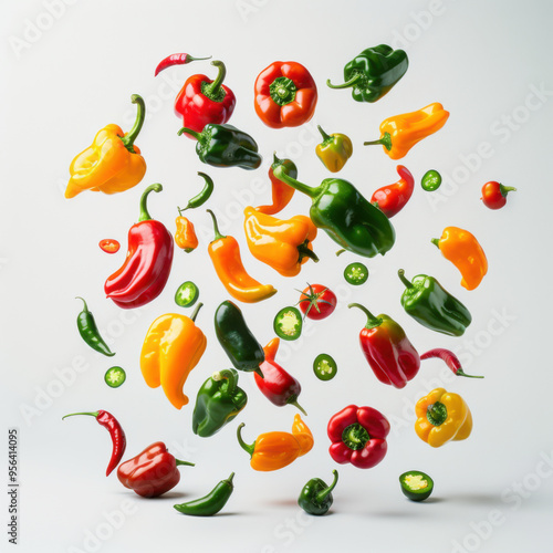 Various falling fresh ripe sweet pepper on light white background, horizontal composition