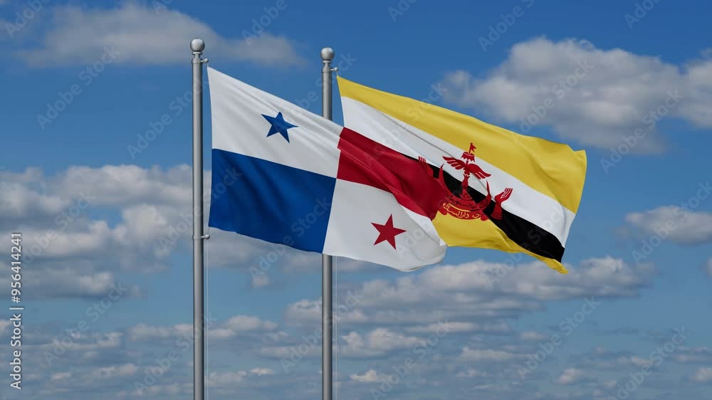 Panama and Brunei flags flying together, video concept of the relationship