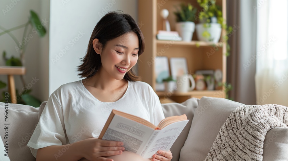 Serene Asian Pregnant Woman Reading Book on Sofa in Cozy Living Room with Soft Natural Light Serene Asian Pregnant Woman Reading Book on Sofa in Cozy Living Room with Soft Natural Light