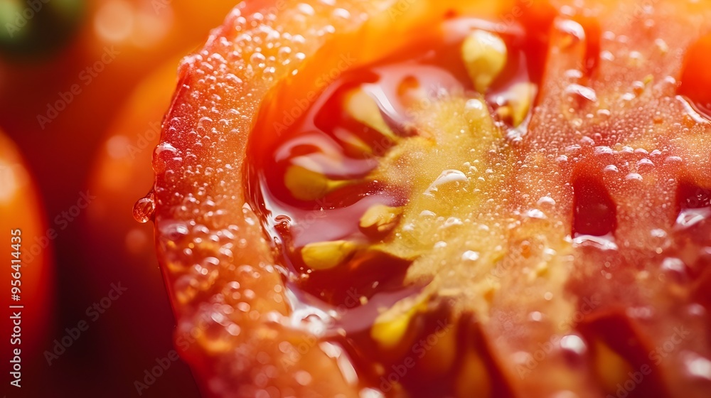 Macro photography capturing the intricate details and juicy interior of a freshly sliced tomato highlighting its vibrant colors seeds and overall natural beauty Macro photography capturing the intricate details and juicy interior of a freshly sliced tomato highlighting its vibrant colors seeds and overall natural beauty